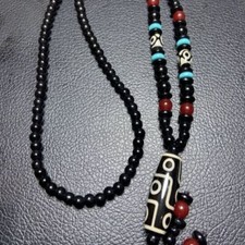 Tibetan Dzi Bead Pendant Necklace Three Nine Eye Agate Carnelian Unisex Jewelry