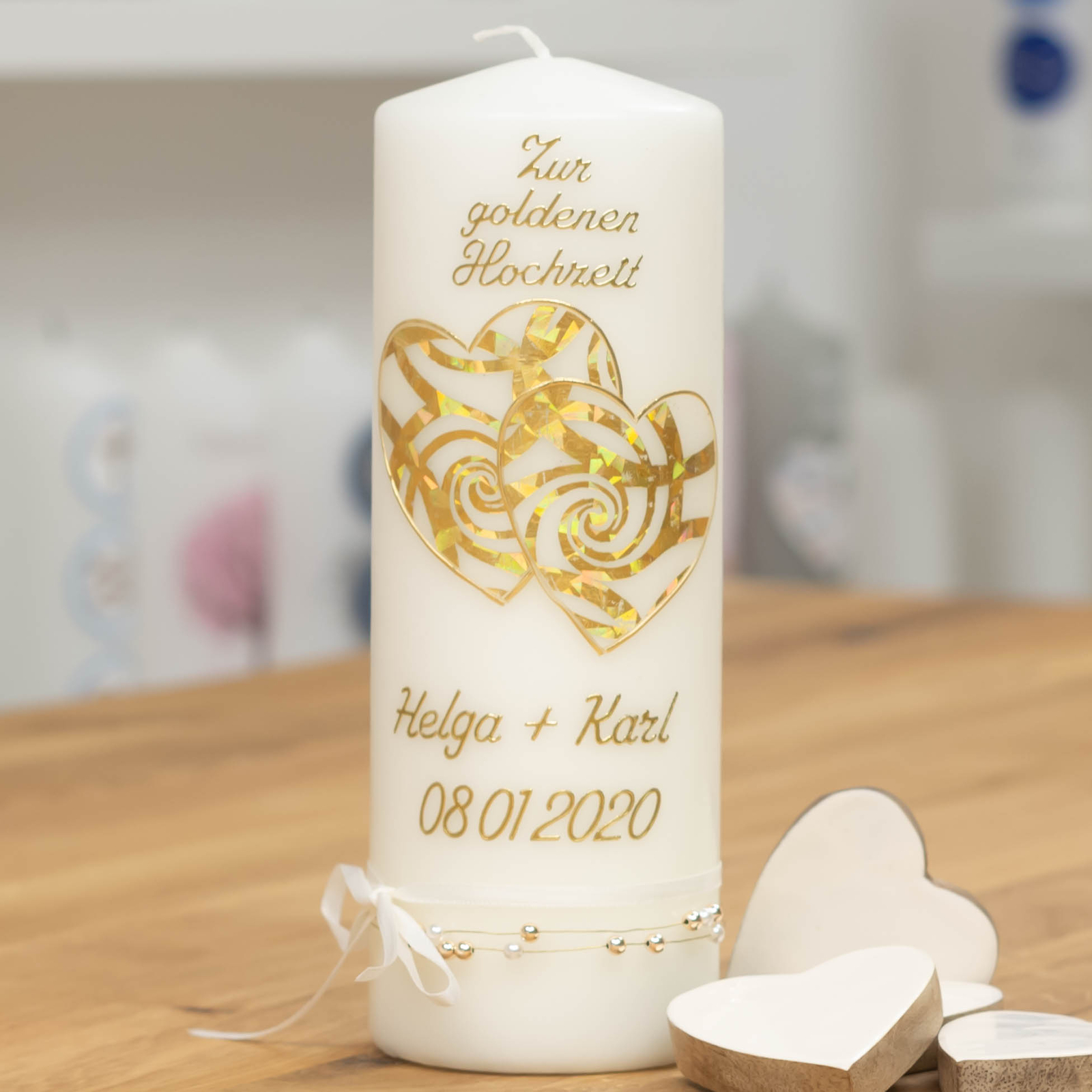 meinkerzenshop® Kerze zur Goldenen Hochzeit HELIA wachsverziert
