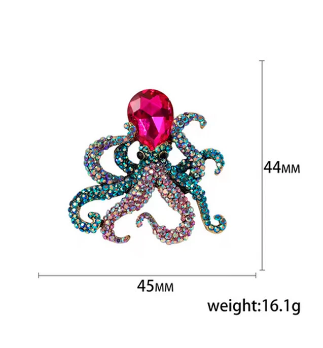 Elegante Brosche in Form eines Oktopus mit funkelnden Kristallen und rosa Stein