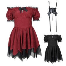 Women Gothic Puff Sleeve Off Shoulder Lace Trim Pleated Mini Dresses Partywear