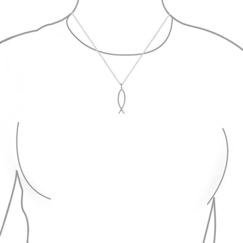 Sterling Silver Jesus Fish Ichthys Pendant Necklace with Pave Cubic Zirconia - Picture 2 of 3