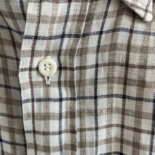 Brunello Cucinelli Shirt Mens Large White Brown Check Linen Button Down Italy - Picture 5 of 10