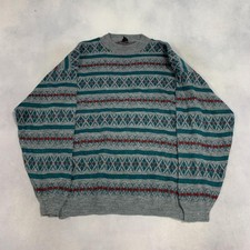 Vintage Abstract Knitted Jumper Patterned Grandad Knit Sweater Men's L