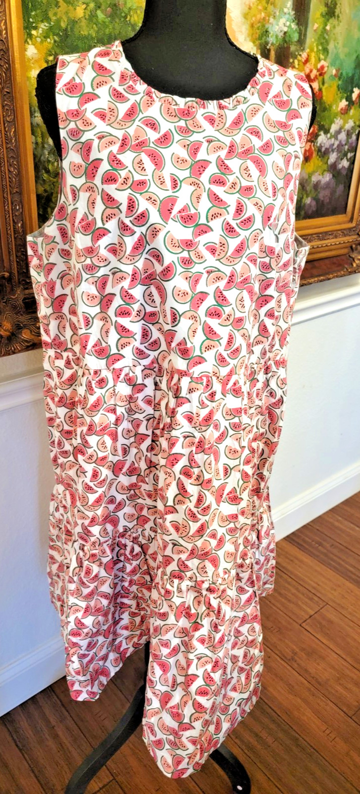 J.CREW Women's 14 Printed Watermelon Sleeveless Tiered Dress White Cotton Poplin