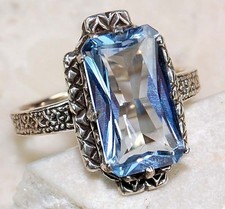 6CT Natural Aquamarine 925 Sterling Silver Art Deco Style Ring Sz 6,7 US6