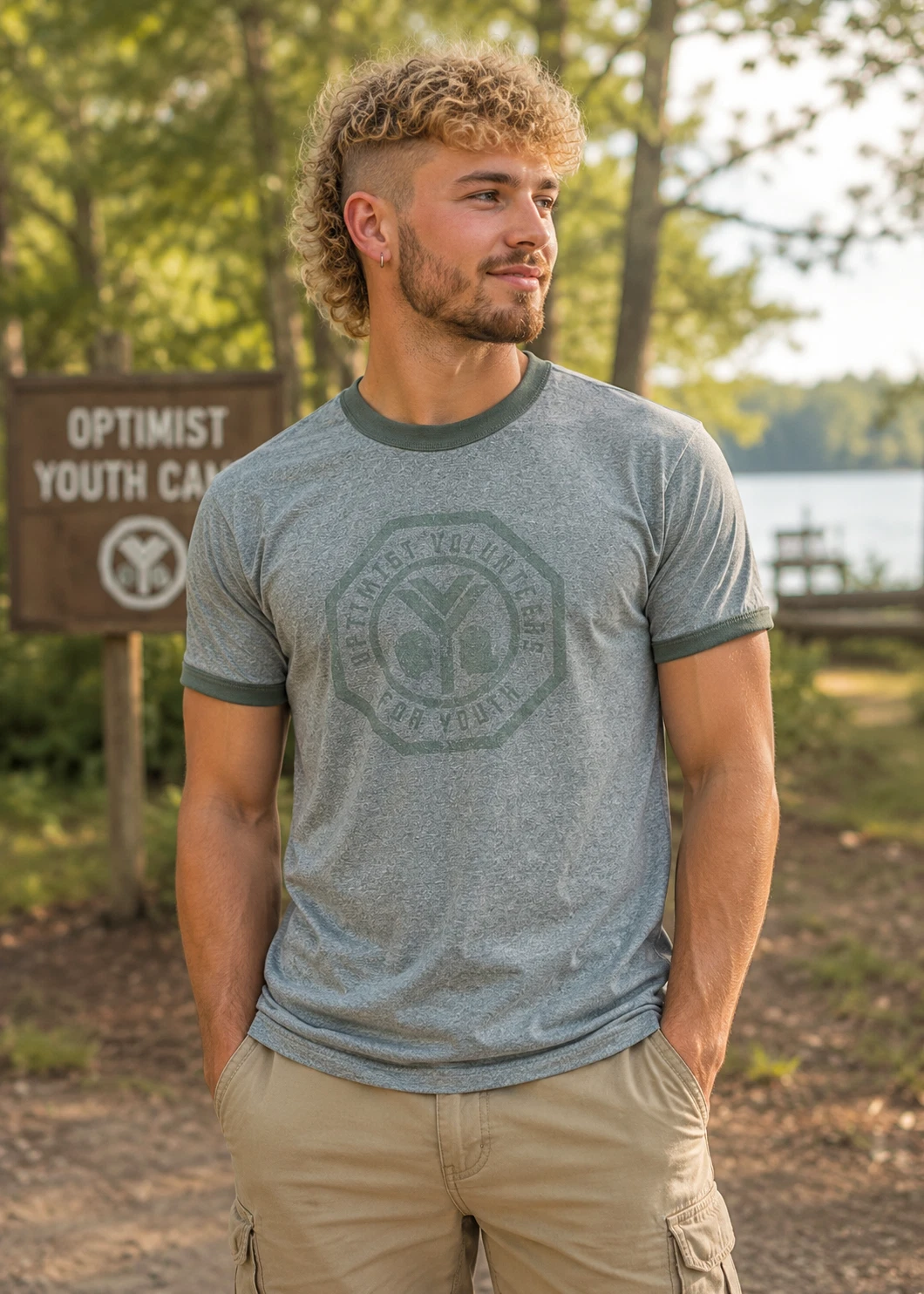 Optimist Volunteers For Youth OVY Heather Green Ringer Camp T Shirt Adult Small