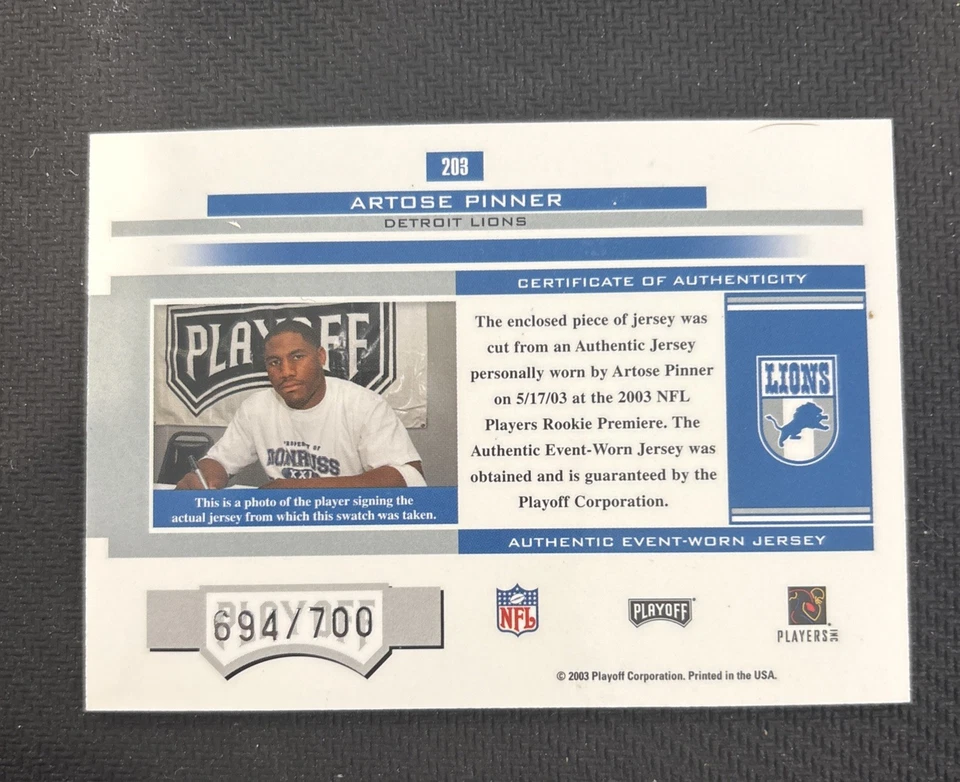 2003 Playoff Honors Rookie Gems /700 Artose Pinner #203 Rookie RC - Image 2 of 2