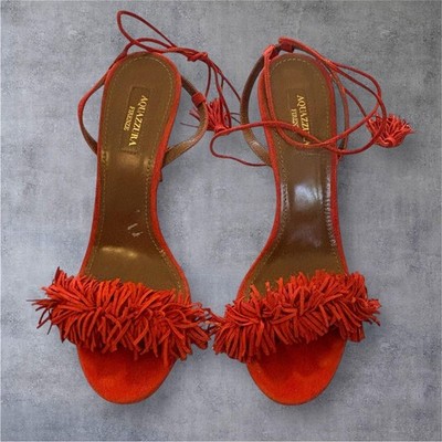 Aquazzura Wild Thing Fringe Suede Strappy Sandal Shoes Womens 8.5 Orange Italy