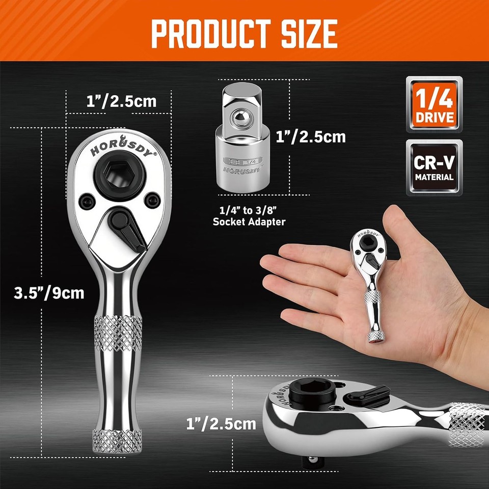 HORUSDY 1/4-Inch Stubby Ratchet Wrench Set, Chrome Alloy 90-Tooth ...