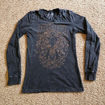 Affliction Live Fast Womens Small Black Copper Long Sleeve Acid Wash Shirt