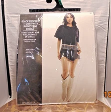 KBW Halloween Costume Black Cropped T-Shirt With Rhinestone Fringe  Women L/XL