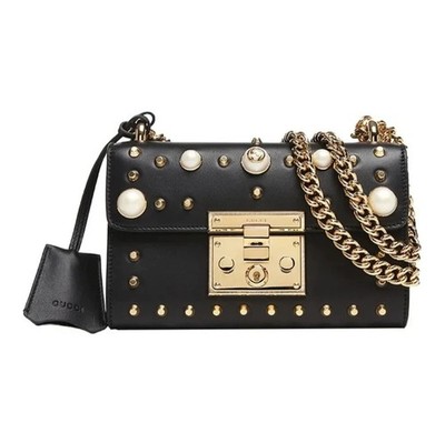 Gucci Padlock Black Small Pearl Rivet Golden Chain Bag Good Condition