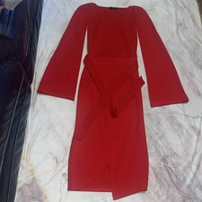 Pretty Little Thing Red Midi Dress Open Cape Sleeves Belt Size 12 Holiday Party 