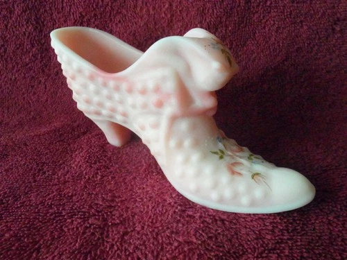 Vintage Fenton Handpainted Rosalene Glass Cat Shoe Signed T Watson-Marked-EXC