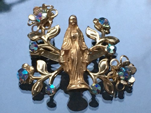 Vintg Religious Christian Brooch Pin Gold AB Blue Rhinestone Virgin Mary Flower - Picture 7 of 13