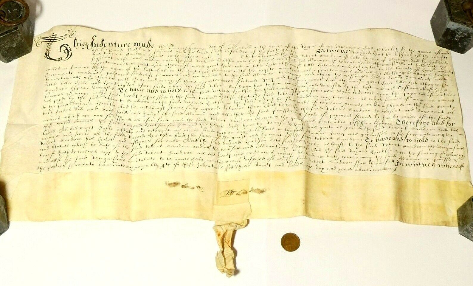 1625-49 Charles I Era Vellum Document Richard Caudron GREAT HALE Indenture 