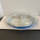 VTG Pyrex 1.5 Quart Royal Blue Divided Casserole Dish Gold/Clear Lid Medallion