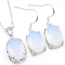Oval Shaped 2 Pcs Lots Rainbow Moonstone Gems Silver Necklace Pendant Earrings