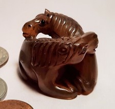 NETSUKE horse vtg carved glass eyes figurine ...