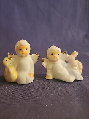 Vintage Set Of 2 Porcelain Miniature Angels With Animals Ornaments 