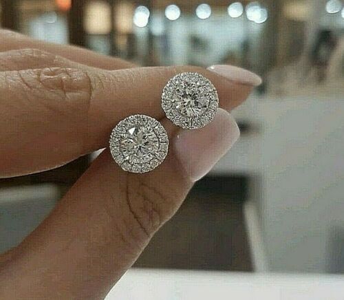 4 Ct Halo Round Cut VVS/D Lab Created Stud Earrings 14K White Gold Push Back 8mm - Afbeelding 1 van 7