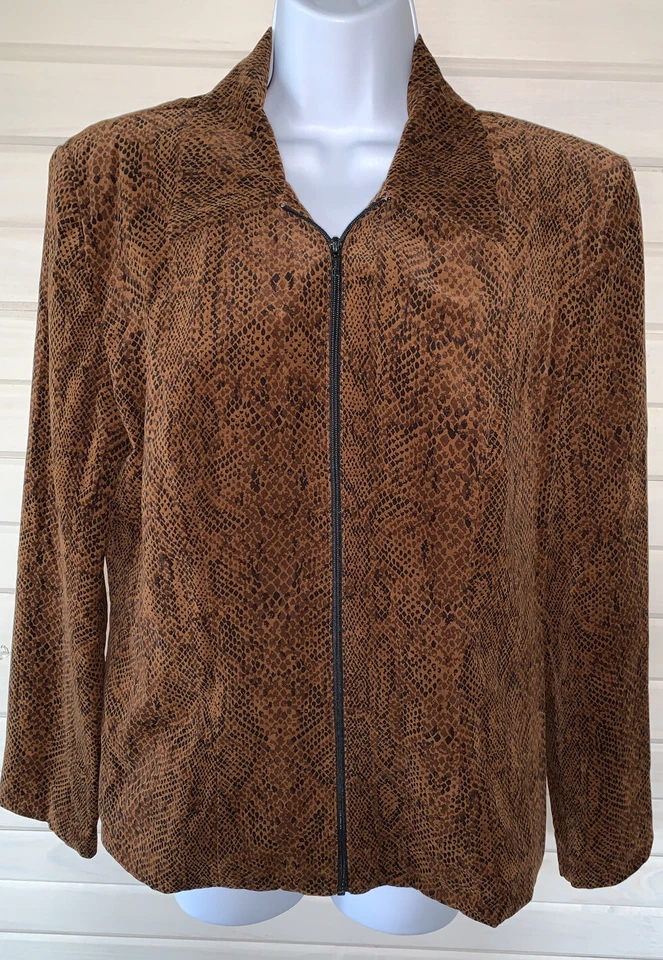 Vtg Joseph Ribkoff Sz 10 Brown Snake Print Velvet Jacket Full Zip Union Made EUC - Image 3 of 4