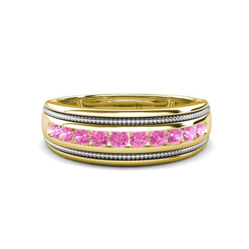 Pink Sapphire 2 Toned & High Polished Edges Men Wedding Band 14K Gold JP:322840 - Picture 7 of 16