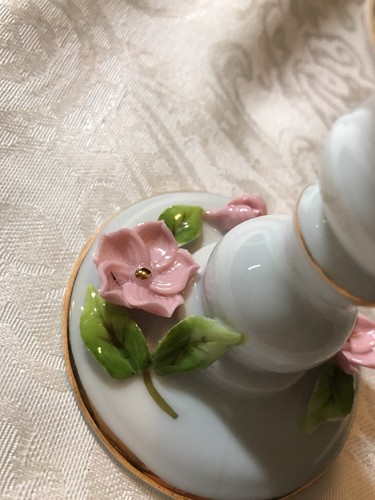 Vintage Lefton Candle Holder Hand Painted Flowers White Pink Porcelain Japan - Picture 9 of 12
