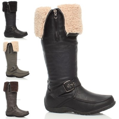 DAMEN RUTSCHFESTE SOHLE WINTER FELLFUTTER UMSCHLAG REISSVERSCHLUSS HALBHOHE FLACHE KNIESTIEFEL GRÖSSE