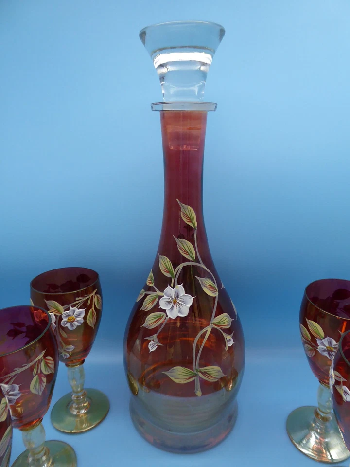 Bohemia Glas Karaffe Set mit 6 Gläsern Emaille Malerei  Böhmen - Bild 2 von 4