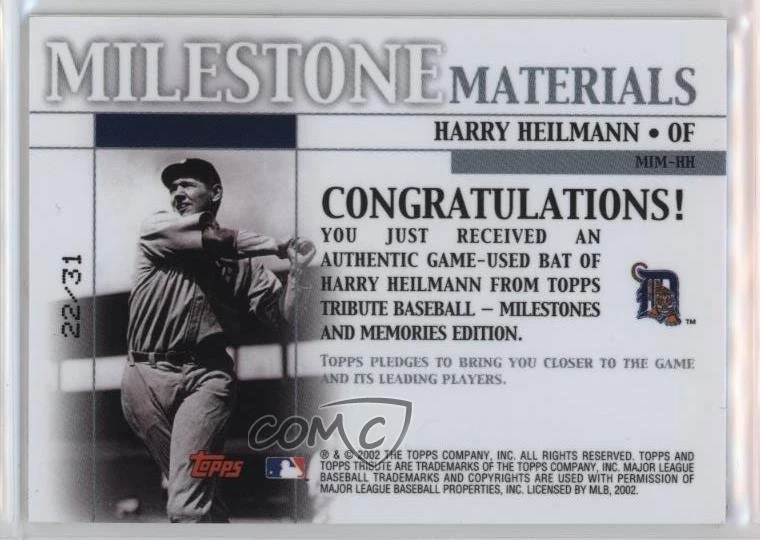 Topps Tribute Milestone Materials Seasons 2002/31 Harry Heilmann #MIM-HH HOF Foto 2 de 2