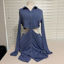 Just Polly Blue Ribbed Cut-Out Button-Up Dress XL