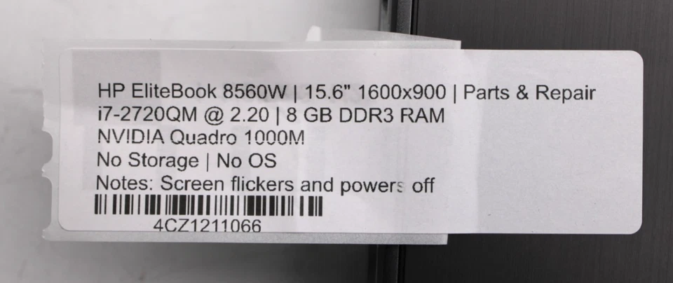 HP EliteBook 8560W-i7-2720QM@2,4 GHz-8 GB DDR3 RAM-SIN ALMACENAMIENTO/OS *PIEZAS/REPARACIÓN* Foto 2 de 4