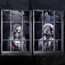 Halloween Ghost Window Decorations 2 Pack Scary Girl Boy Silhouette Curtains