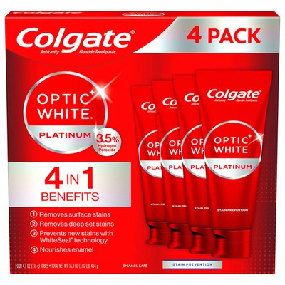 Colgate Optic White Platinum Toothpaste, 4.1oz, 4-Pack, Deeply Whitens Teeth