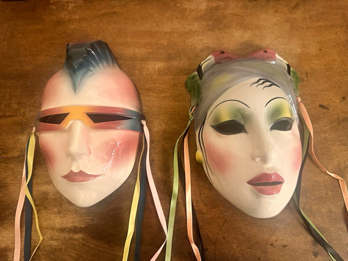 Vintage About Face Ceramic Hand Painted Mask Set of 2 Multicolor Glossy 1970s
