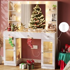 Big Vanity Makeup Vanity with Glass Top White Vanity Desk with Mirror and Lights
