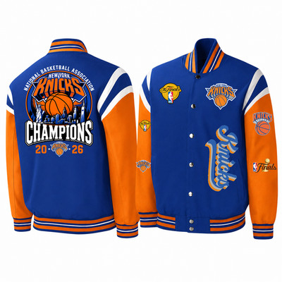 New York Knicks 2026 NBA Finals Champions Baseball Jacket - ALL PRINT, V03
