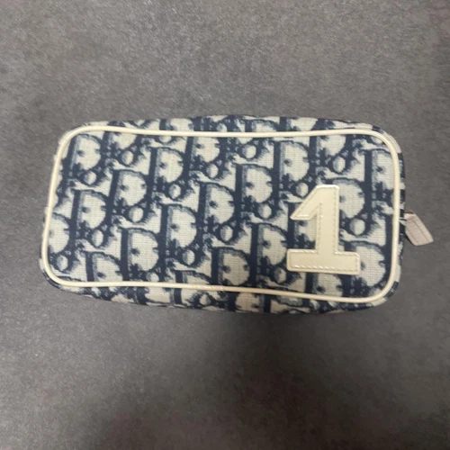 Christian Dior Pochette Trotter Bleu Marine Foncé Blanc PVC Bon État Style Vintage
