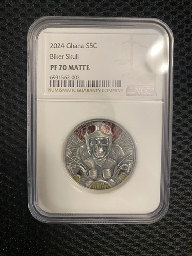 2024 Ghana 1 oz Silver Antiqued Biker Memento Mori NGC MS 70 Antiqued