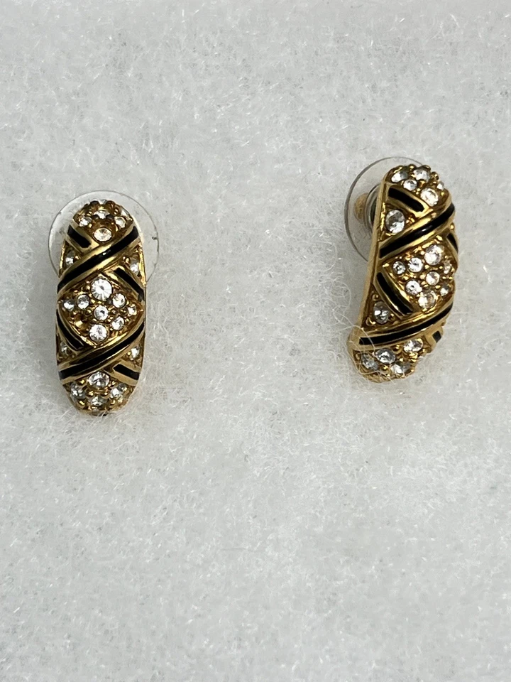 Swarovski Swan Signed Pierced Earrings Black Enamel Clear Crystal Half Hoop - Image 2 of 4