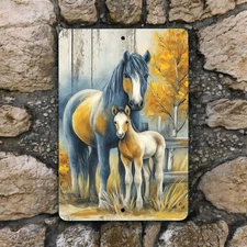 Horse & Foal Metal Sign – Rustic Farm Wall Art Decor, 8x12 Aluminum