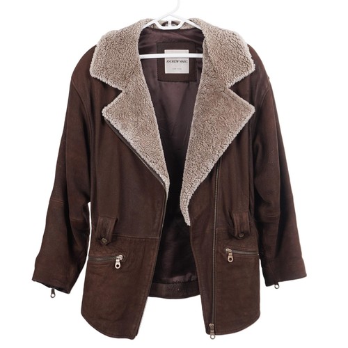 Chaqueta de mujer ANDREW MARC vintage M cuero marrón cuello de oveja cinturón con cremallera completa - Imagen 6 de 19