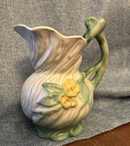 Vintage Weller Pottery Roba R-5 green & white, flowers Ewer Pitcher Vase, 6.5"