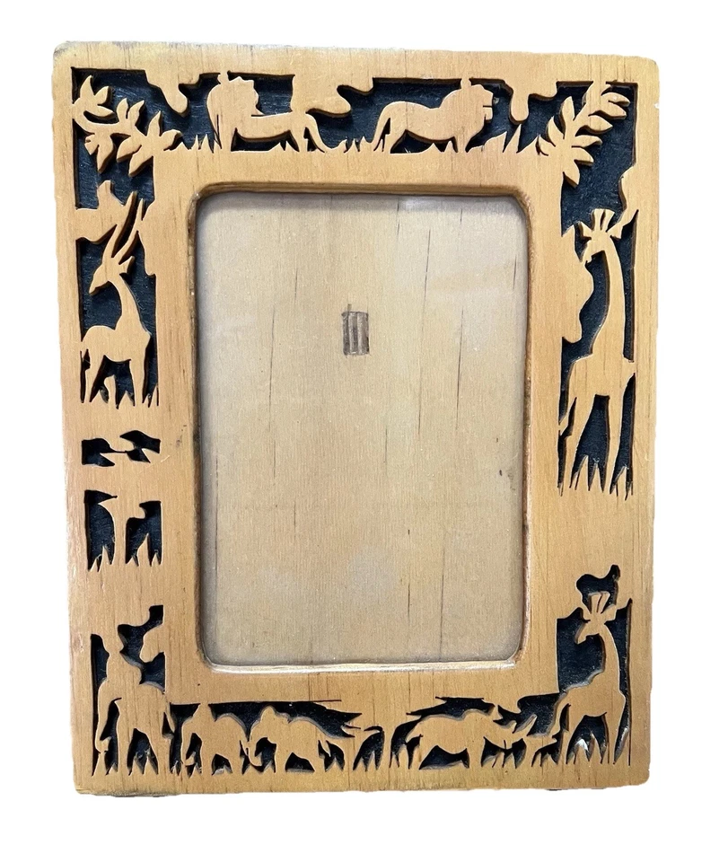 Marco de fotos de madera hecho a mano de colección tallado animales africanos elefante rinoceronte jirafa Foto 2 de 4