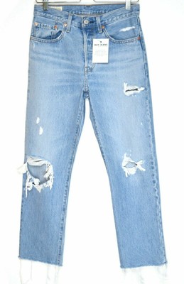 Levis 501 Straight Corti Di Jeans Taglia 8 da Donna High Rise Ripped Blu W26  L26 | eBay