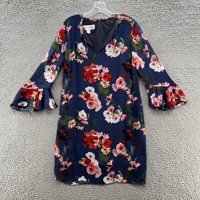 Sara Campbell Dress Womens 12 Blue Floral Knee Length Bell Ruffle Sleeve  USA