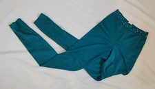 Kelle Leggings Full Length Dance Retro Teal Blue Rhinestone Waist USA Adult L