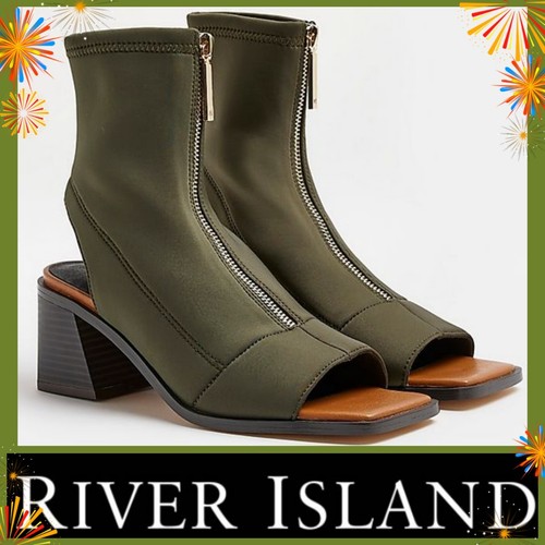 5 UK RIVER ISLAND £50 KHAKI GREEN Scuba SQUARE Open Toe Block Heel Boot
