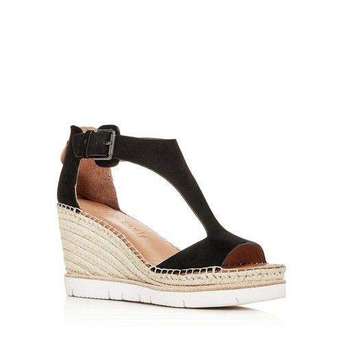 Gentle Souls Women's Raquel Suede T-Strap Espadrille Wedge Sandals - Black - Size 9